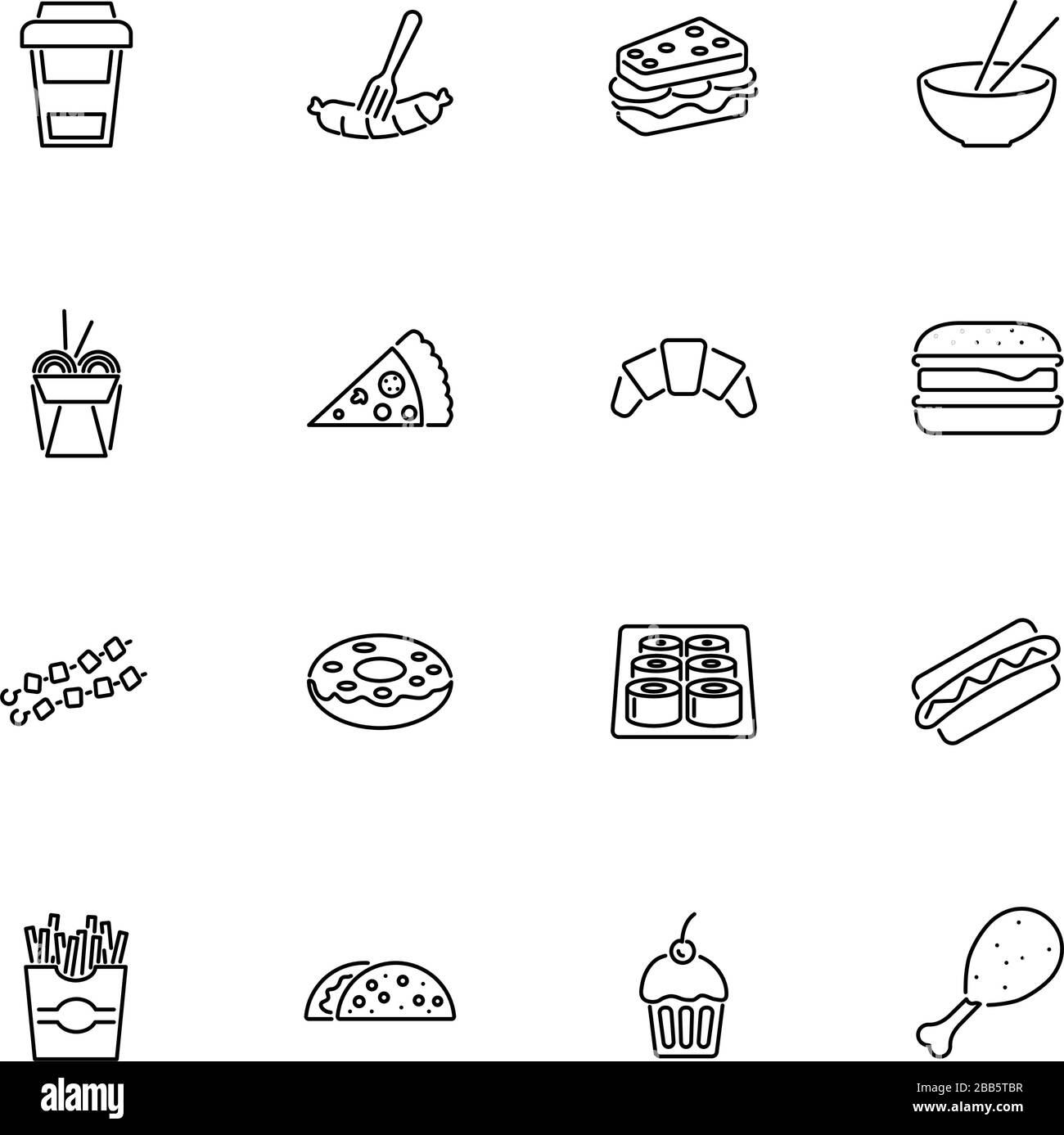 Fast Food, Junk Eating outline icons set - Black symbol on white background. Fast Food, Junk Eating Simple Illustration Symbol - lined simplicity Sign Stock Vector