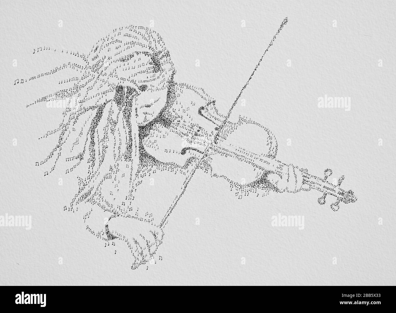 Illustration of Woman playing violin made of tiny musical notes. Stock Photo