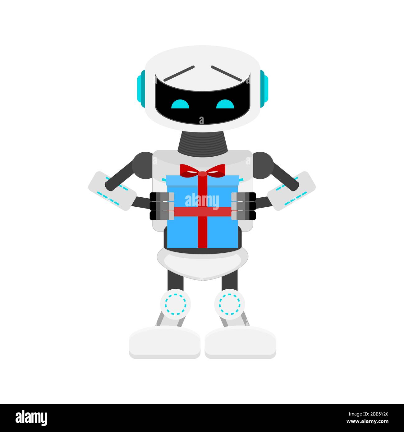 Robot present gift, birtday celebrate. Vector greeting humanoid, artificial intellect generous, service delivery bot illustration Stock Vector