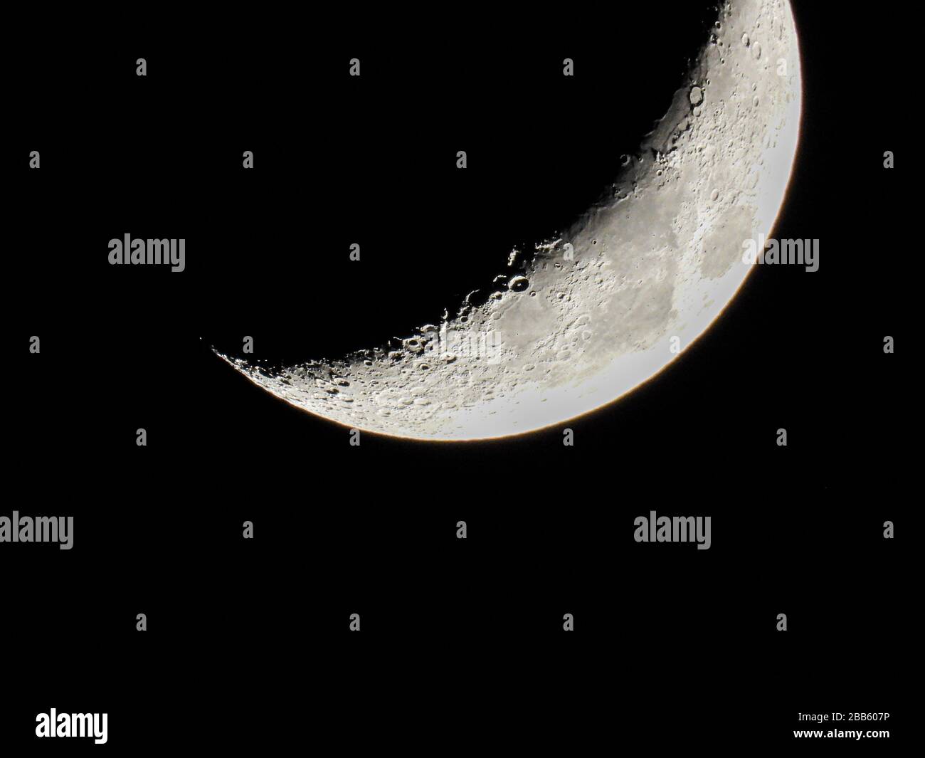 the increasing sickle-shaped quarter moon with its moon craters stands ...
