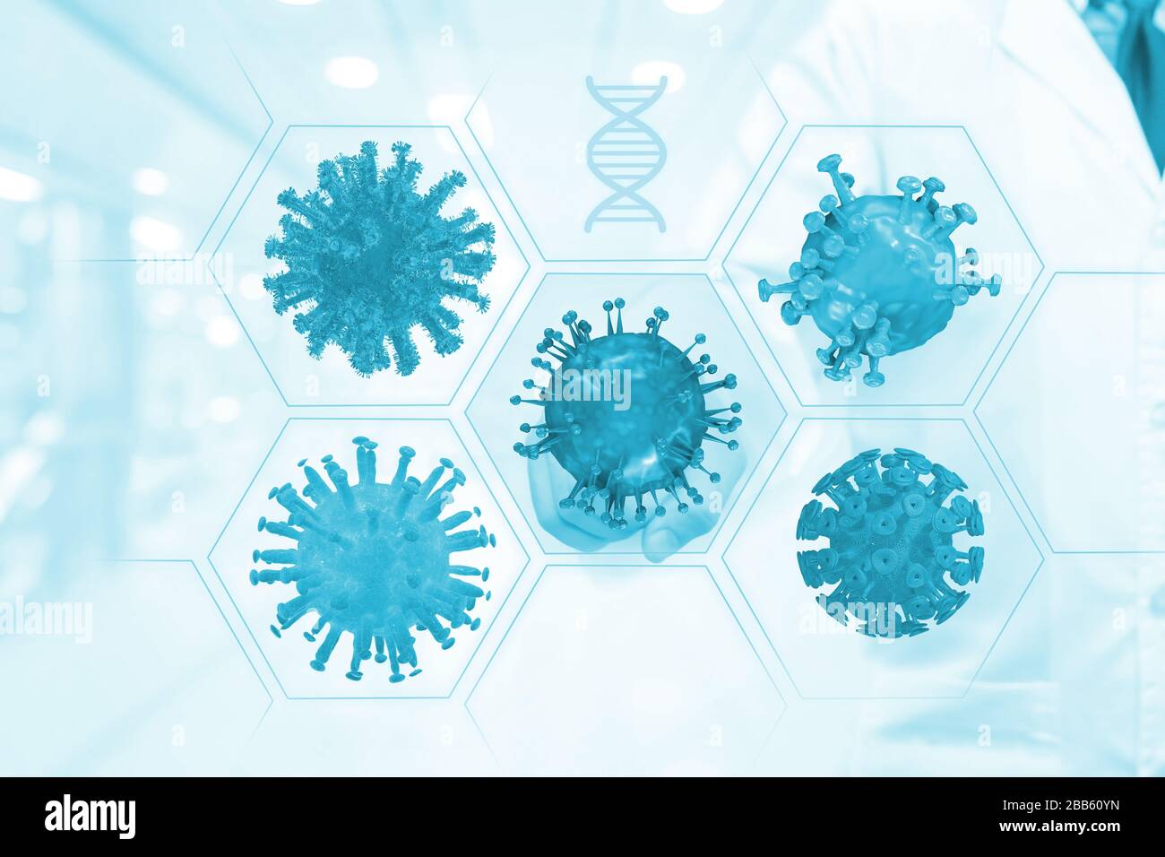 scientist touching on screen with virus and bacteria cells virus research for prevent outbreak , immunity, diseases and therapy ,3D illustration. Stock Photo