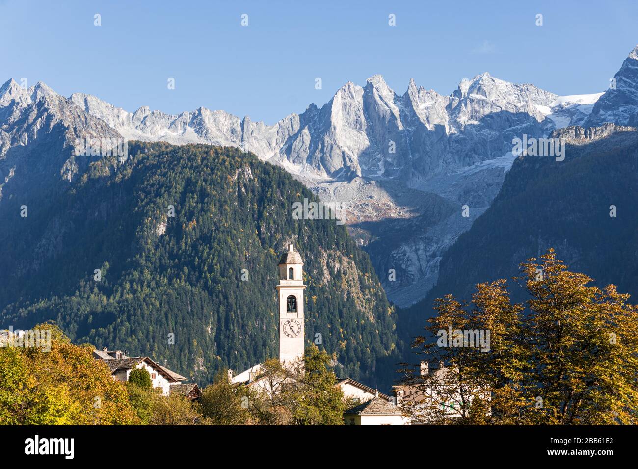 The village of Soglio, at sunset, in the Swiss alps, at the end of an autumn day. Stock Photo