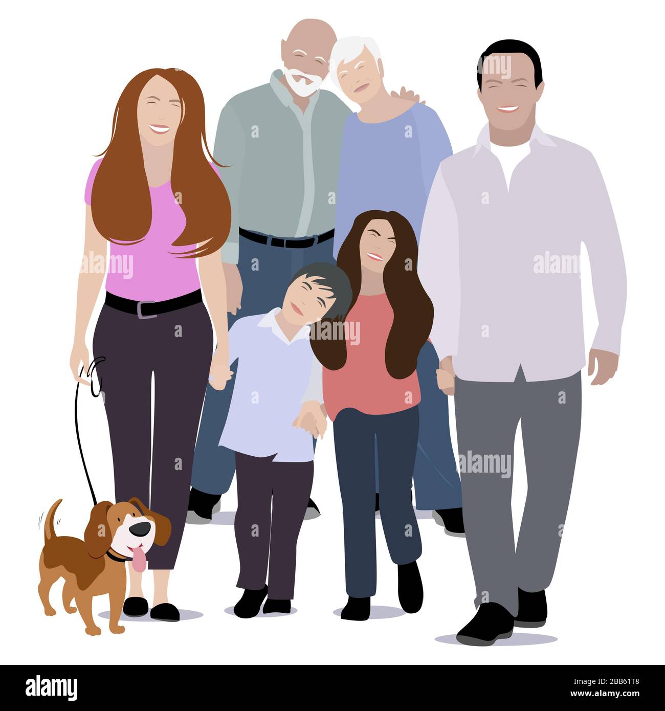 Happy family portrait, generation young and old. Grandpa and grandmother, grandparents with mother and father, daughter and son. Vector illustration Stock Vector