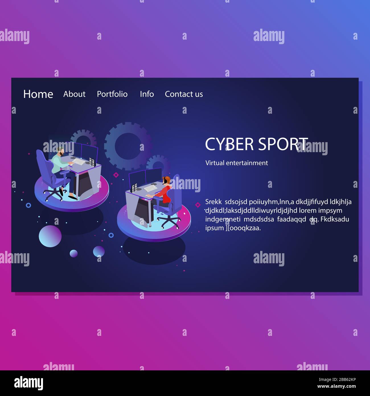 Cyber sport landing page. Virtual entertainment. Illustration multiplayer and cyber competition, gamer entertainment club website vector Stock Vector