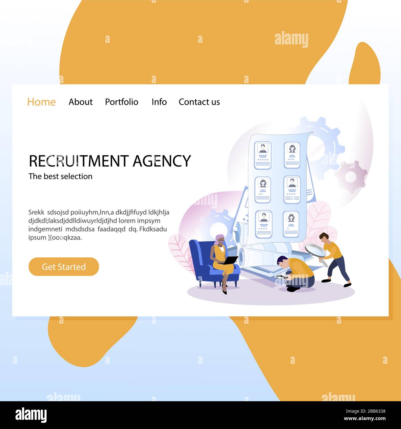 Recruitment agency mockup website, landing page. Illustration recruitment and employment, company hire candidate, team choosing and select, cv recruit Stock Vector