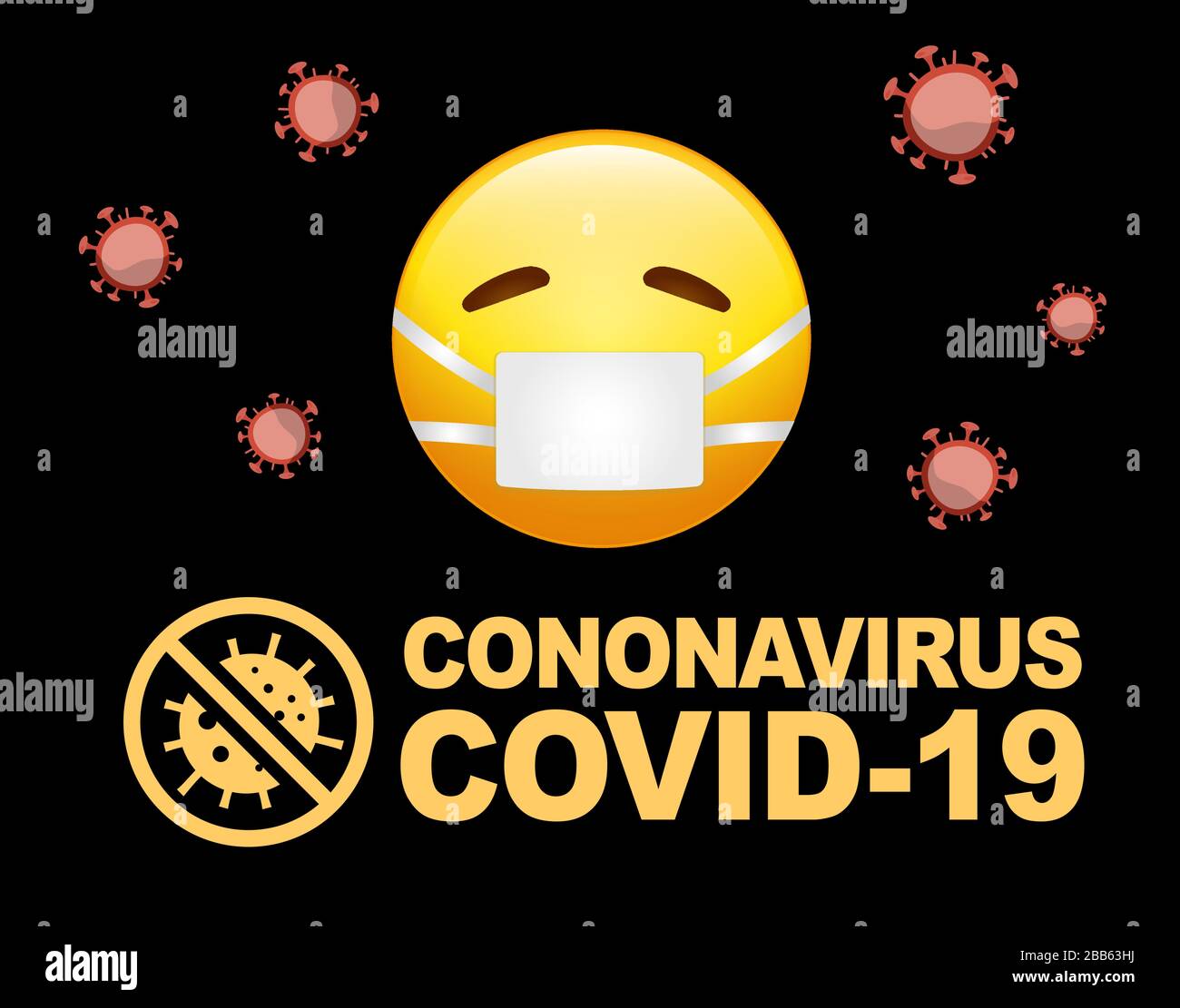 The vector isolated yellow sick face icon with mask and coronavirus, COVID-19, words Stock Vector