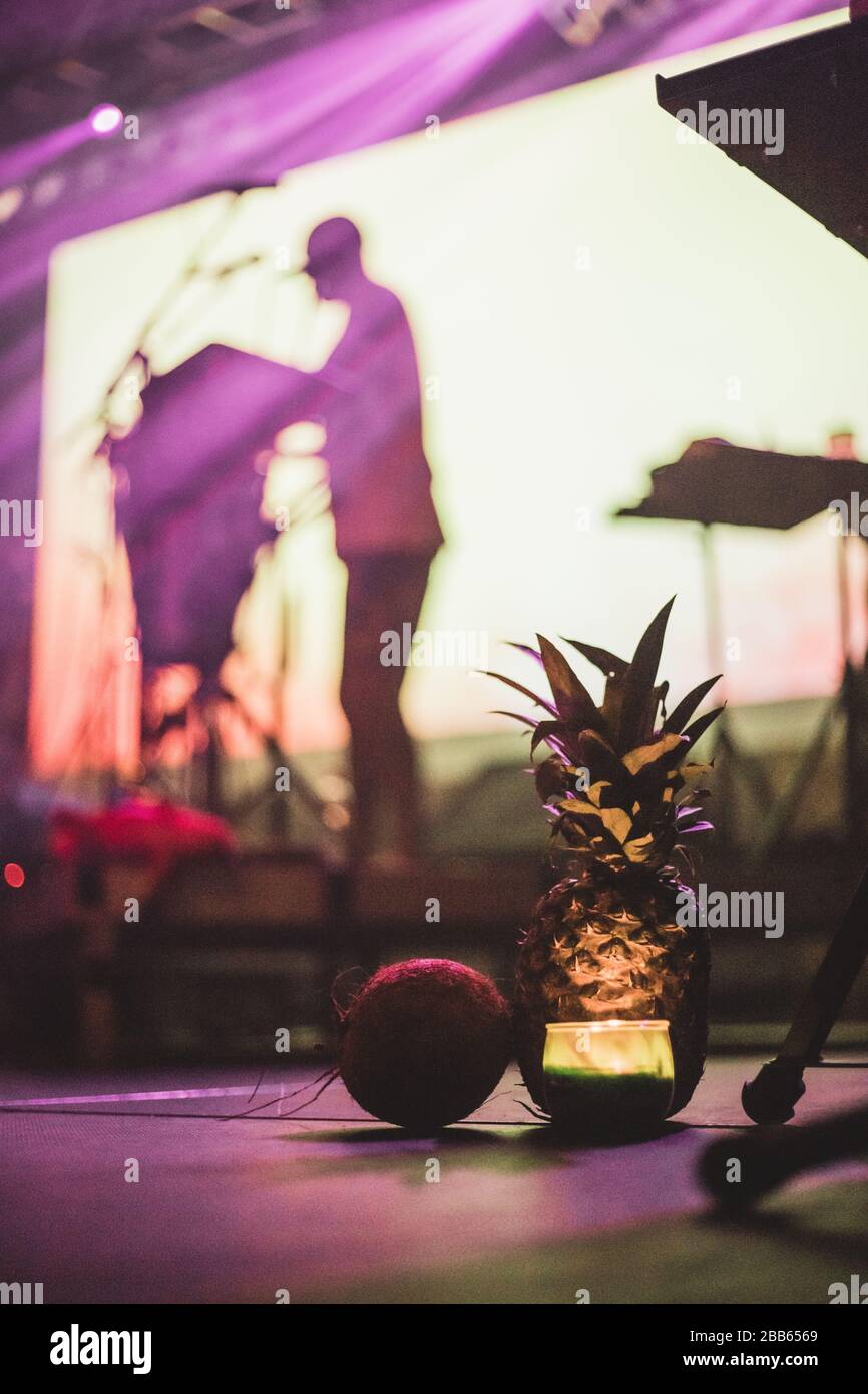 Coconut, pineapple and a silhouette of DJ perform on concert stage. Colorful concert spotlights background. Stock Photo