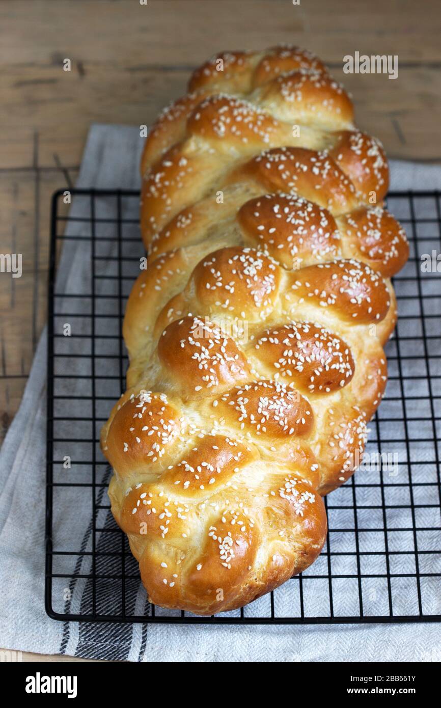 Traditional festive jewish challah bread made from yeast dough with eggs. Stock Photo