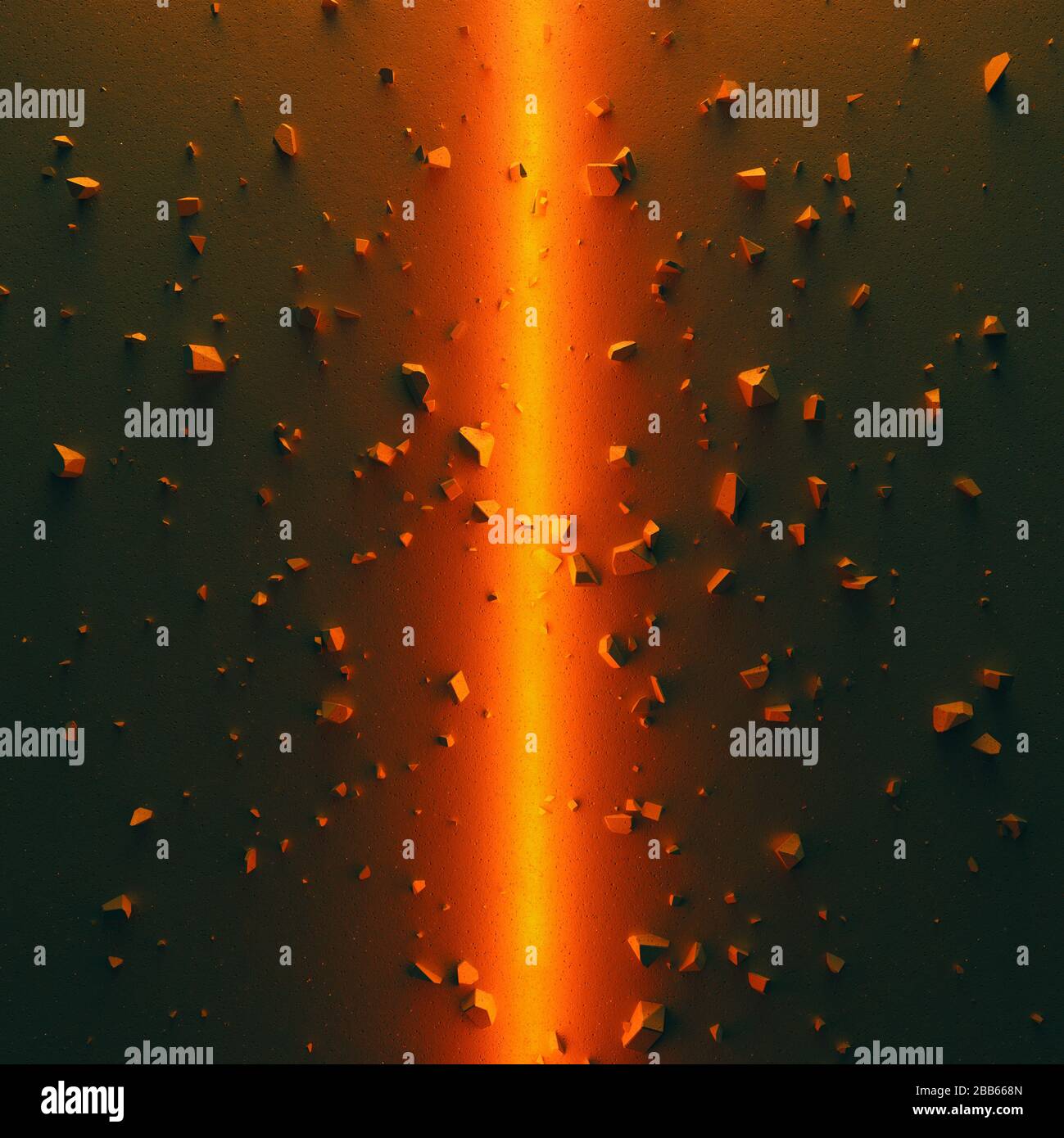 Epic cinematic background. Concrete ground divided into two parts by bright orange light. Debris scattered around. 3D illustration Stock Photo