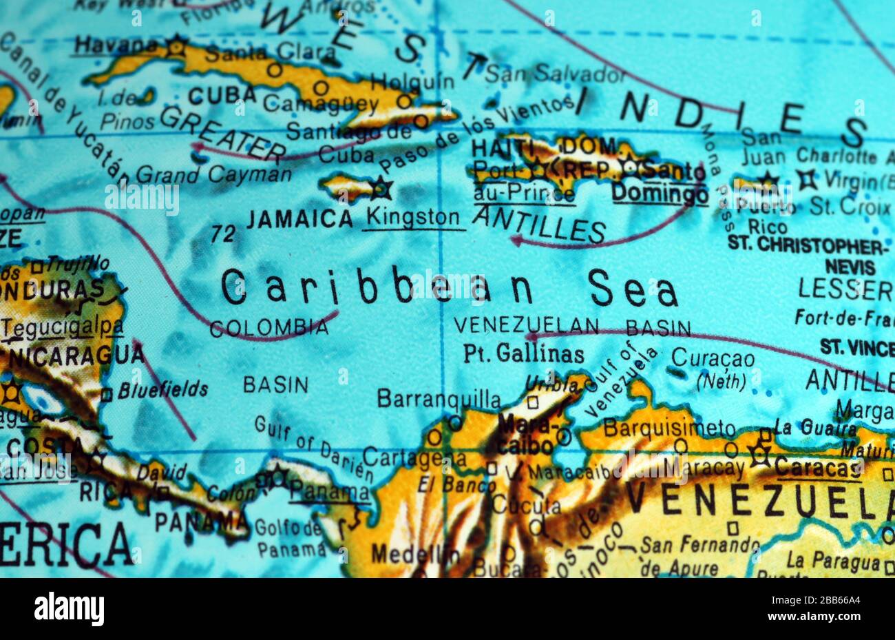 Caribbean Sea map on old atlas Stock Photo