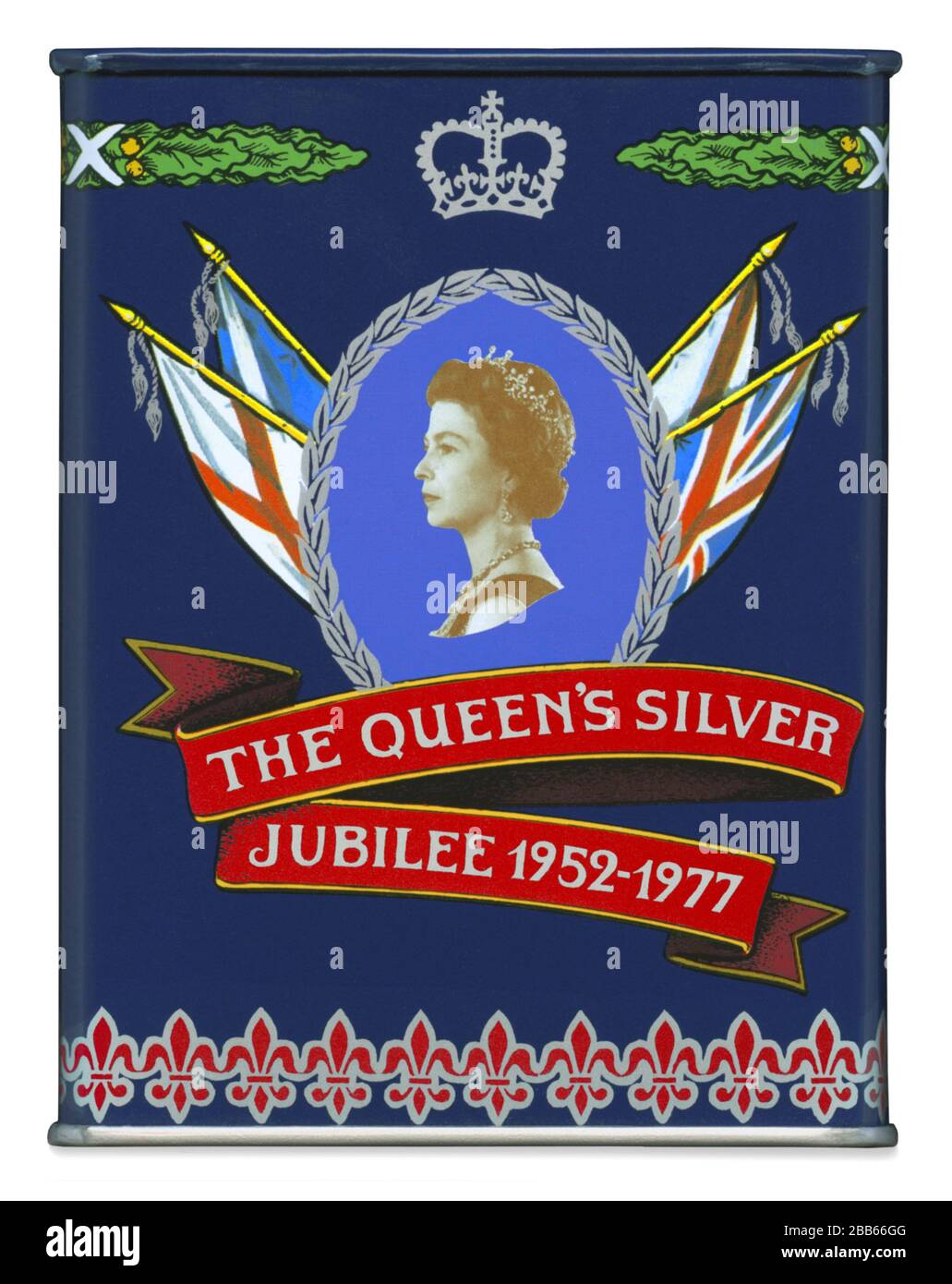 A side view of a commemorative tea caddy or tin produced in 1977 to celebrate the Silver Jubilee of Queen Elizabeth II. Stock Photo