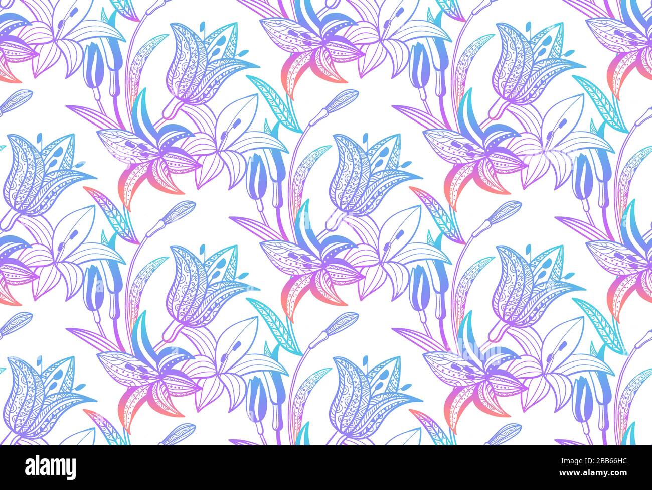 Lilies seamless pattern. Violet lilac gradient ornamental flower pattern. Vector illustration. Stock Vector