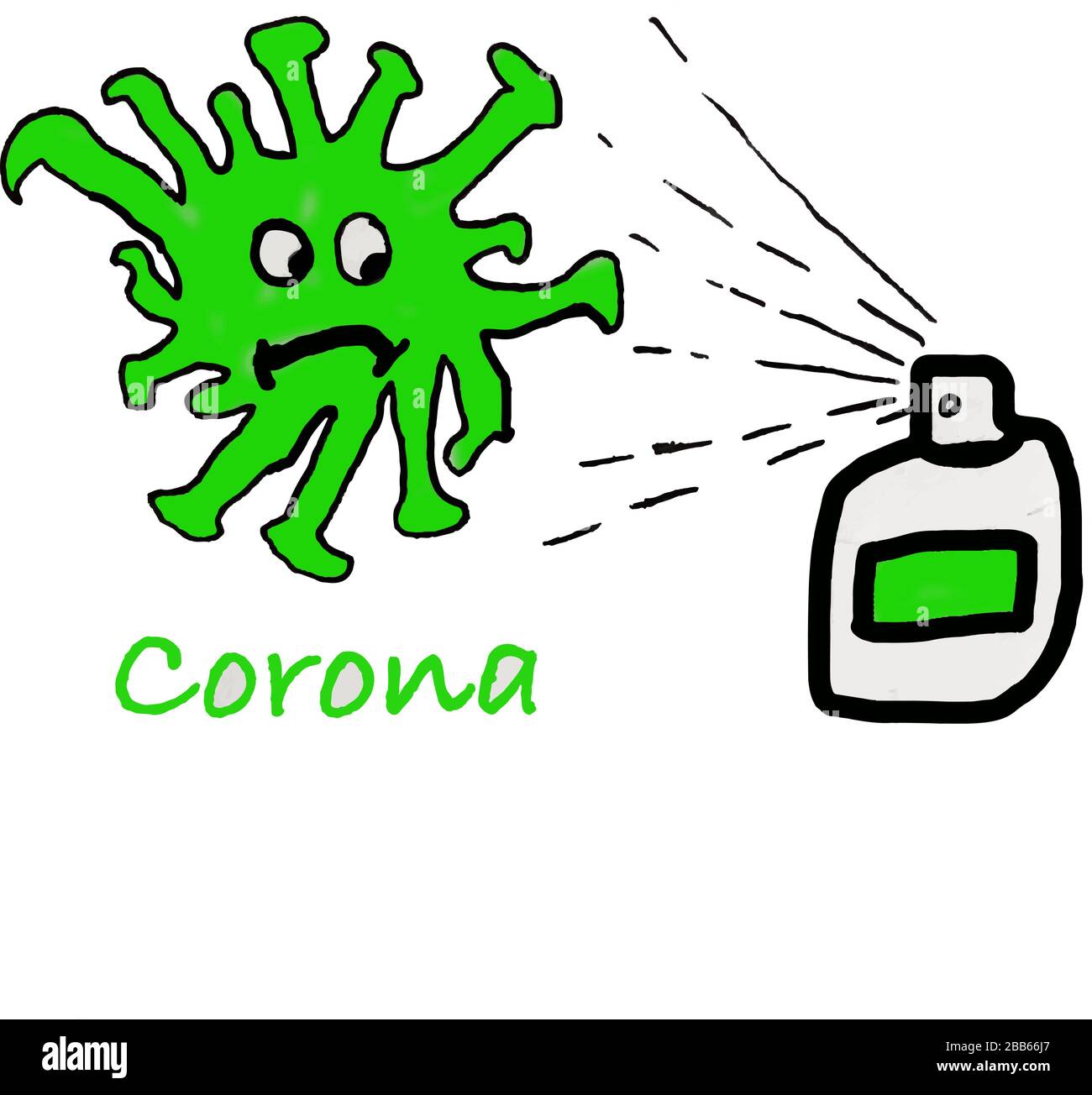 A green funny cartoon style covid-19 corona virus stopped by a bottle of disinfectant, cologne - vector, illustration Stock Vector