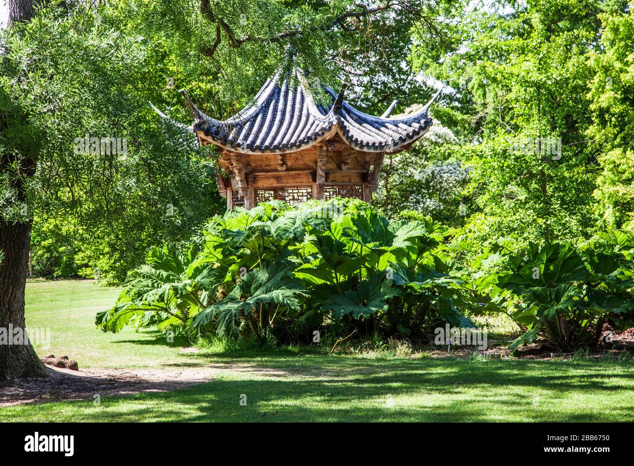 The Chinese Pavilion in the Seven Acres Garden at RHS Wisley in Surrey. Stock Photo