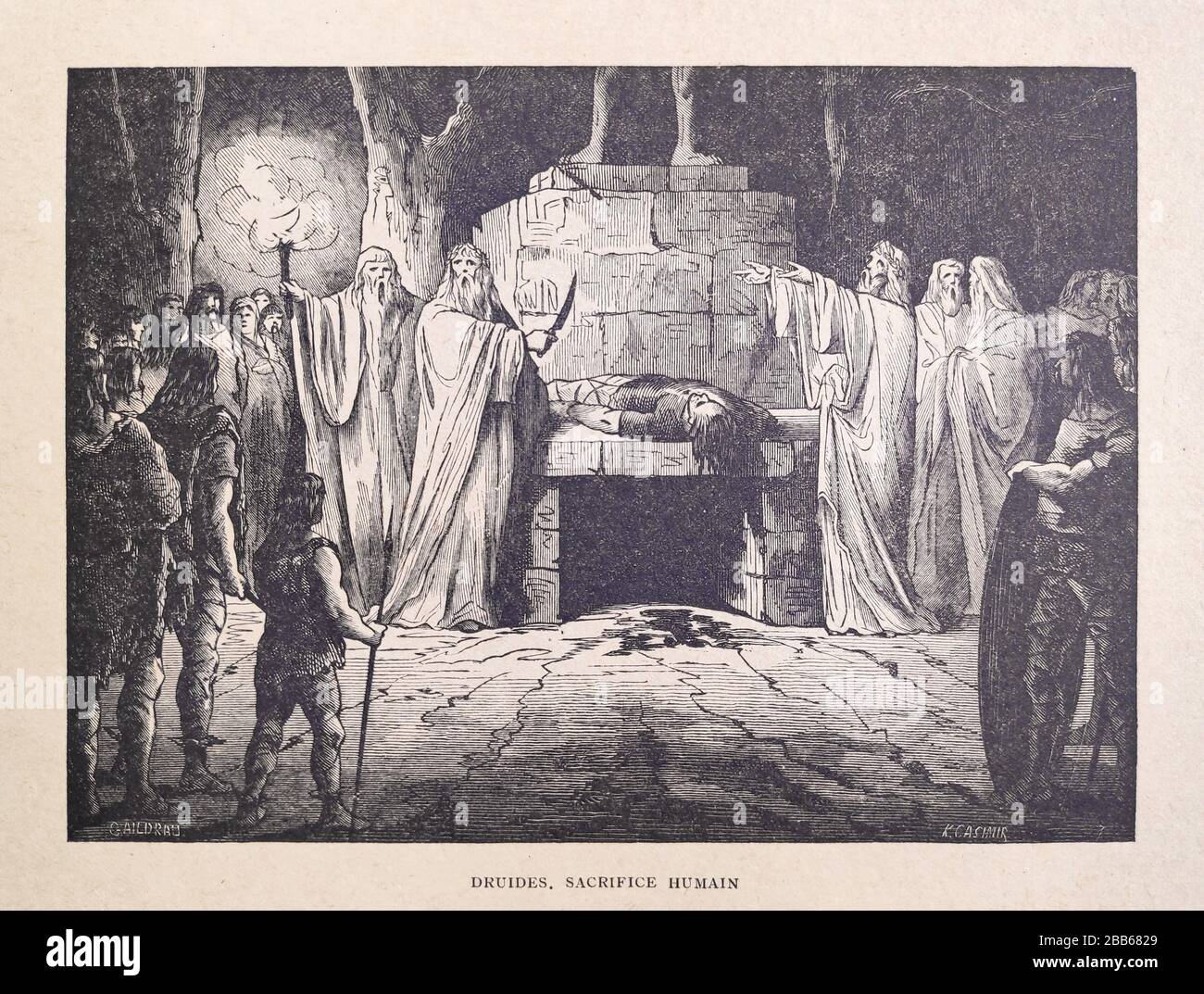 Illustration of a druids practicing human sacrifice by Jules Gaildrau and engraved by K. Casimir printed in the late 19th century. Stock Photo