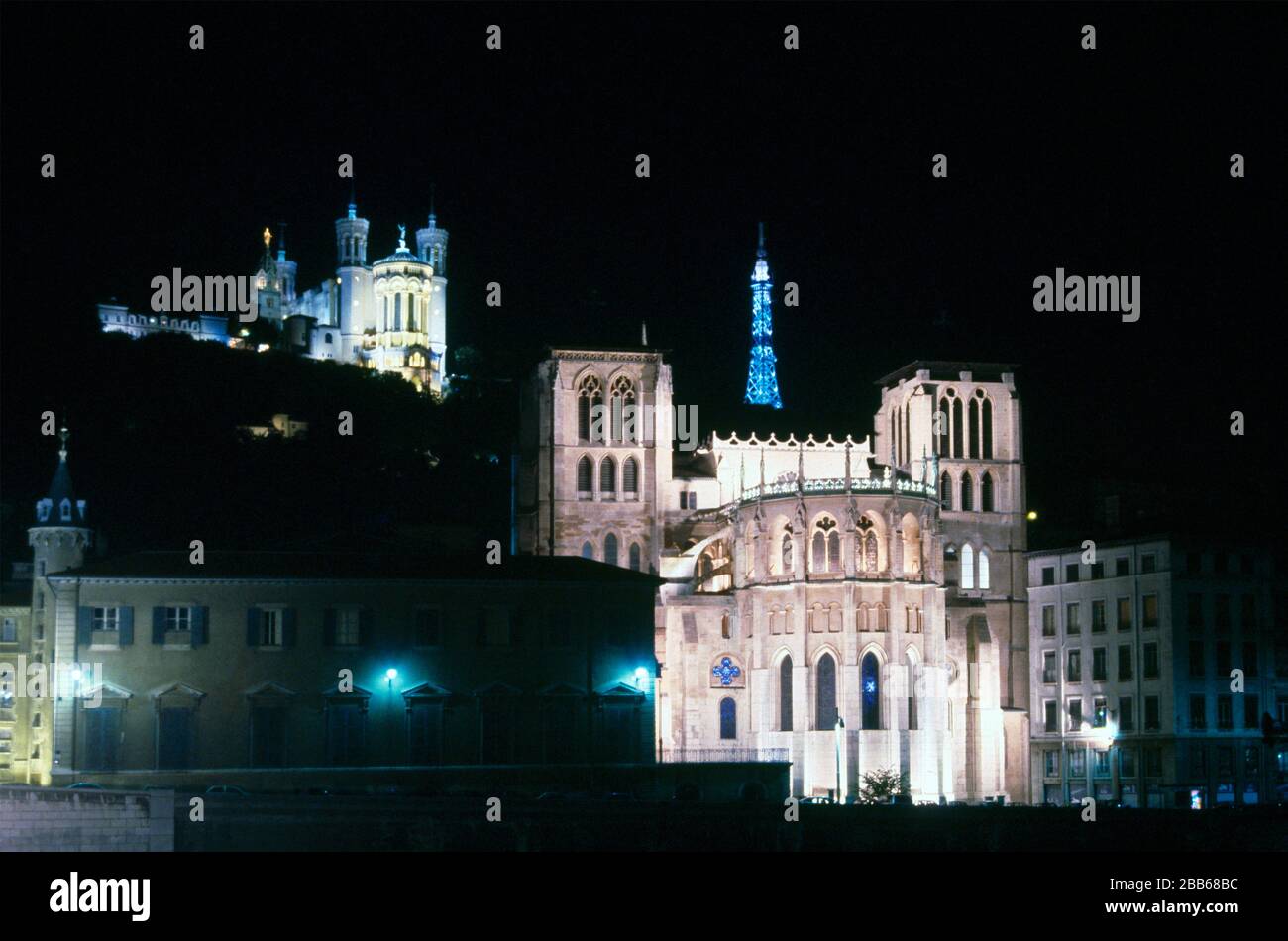 Lyon France City at night - Lyon Cathedral overlooked by Basilica Of Notre-Dame de Fourviere Stock Photo