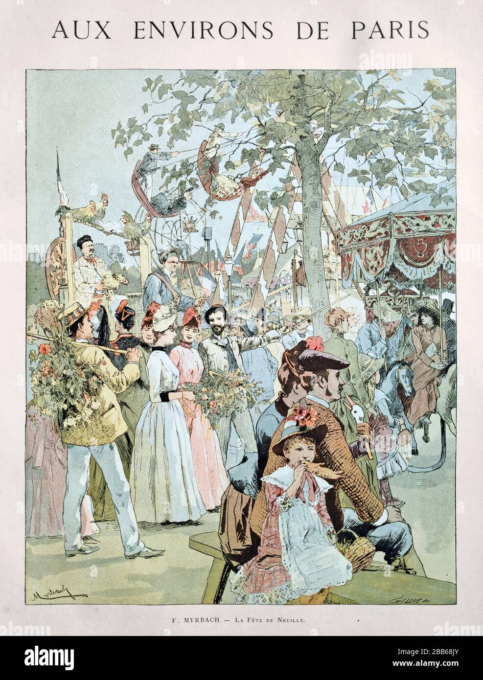 Illustration of a Parisians at a funfair entitled 'La fête de Neuilly' by Felician Myrbach and engraved by Gillot published in 1885. Stock Photo
