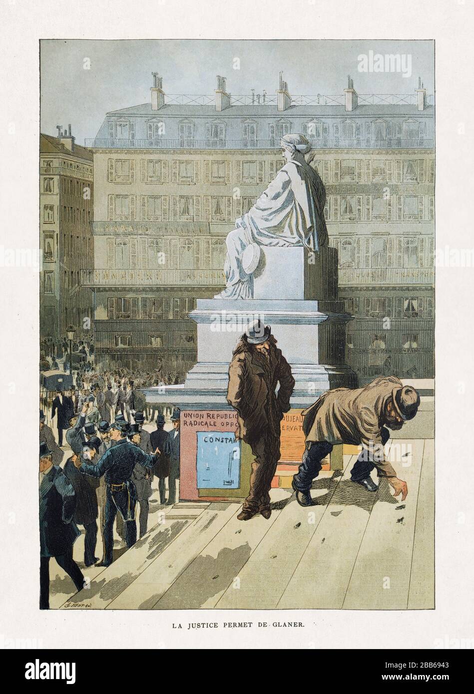 Illustration of a people at the Bourse de Paris entitled 'La justice permet de glaner' by Guiot published in 1885. Stock Photo