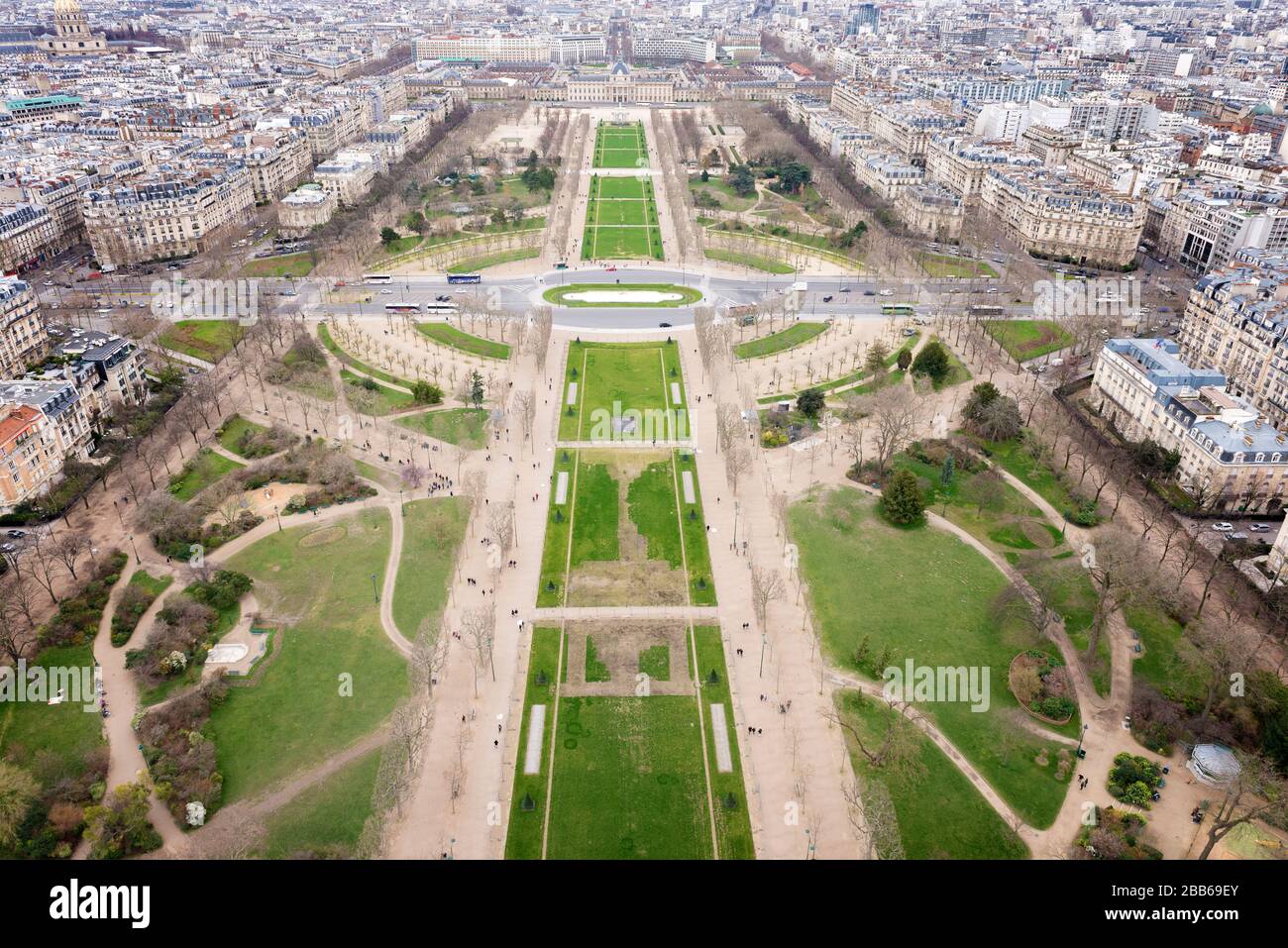aerial view of the "champ de mars" gardens, sourronded by haussmanian