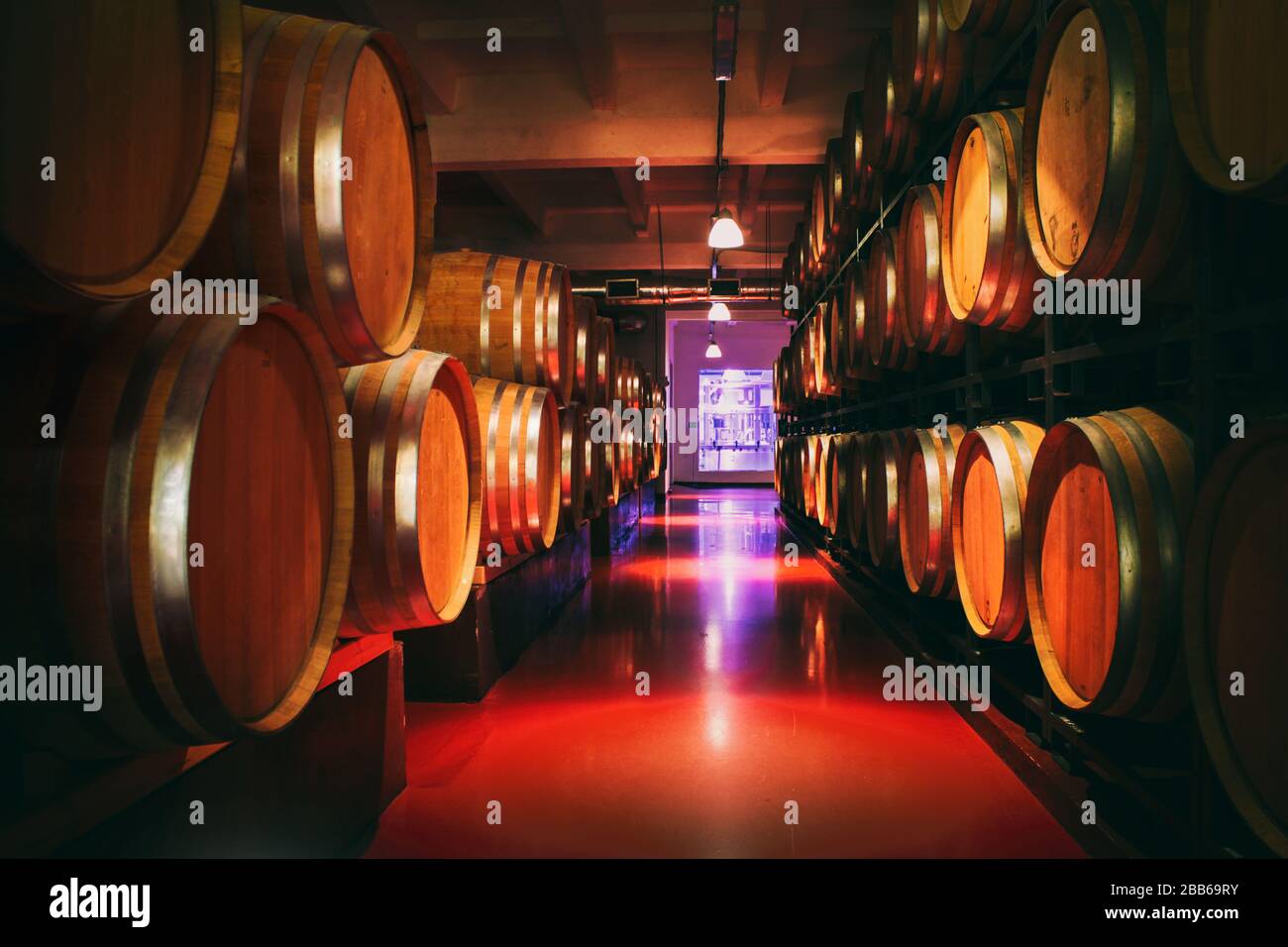 Oak barrels with wine in dark cellar. Modern production of wine with the observance of age-old traditions. Noises and large grain - stylization under Stock Photo