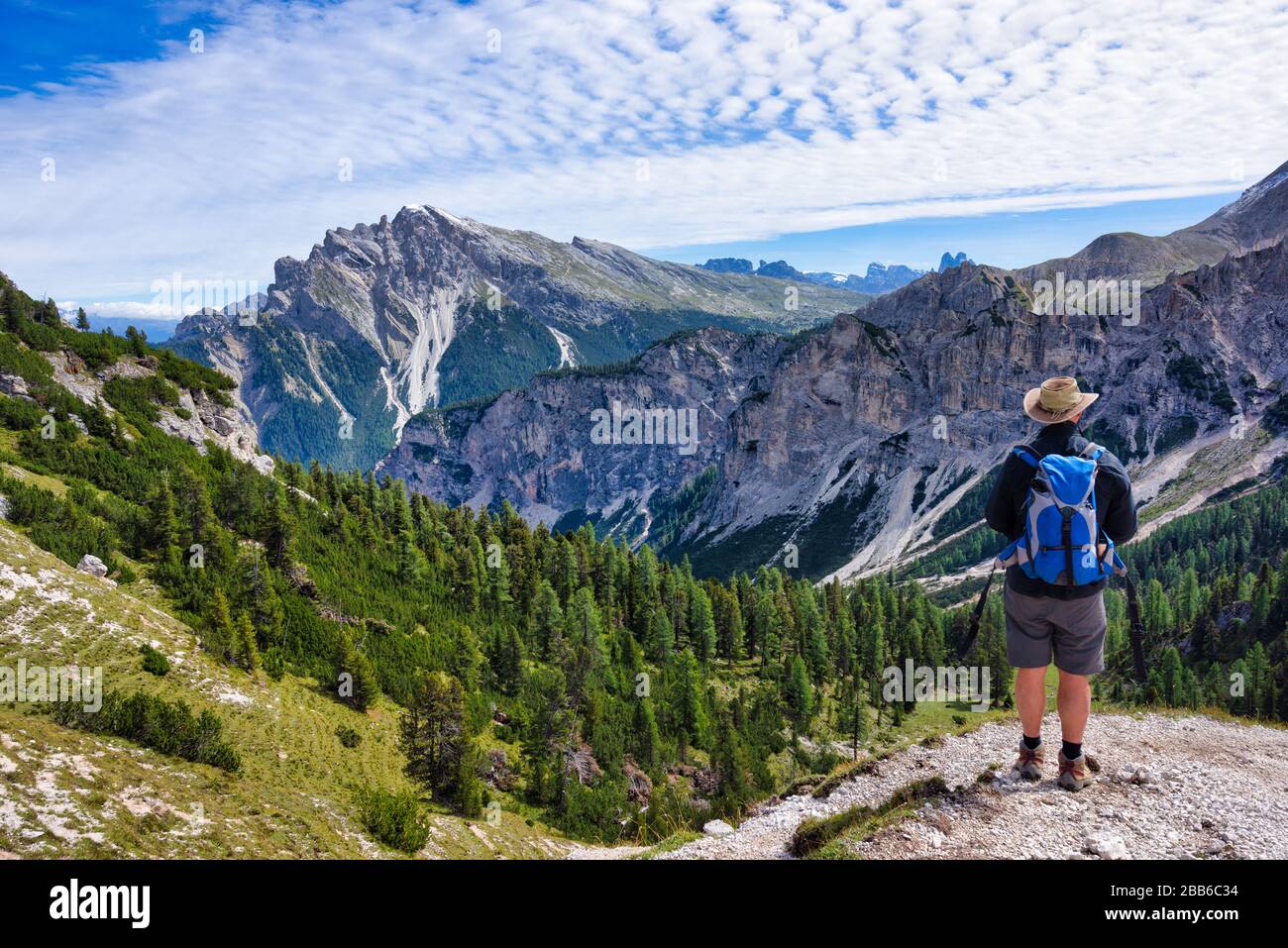 Man hiking in Dolomites, Fanes-Sennes-Braies Nature Park, South Tyrol, Italy Stock Photo