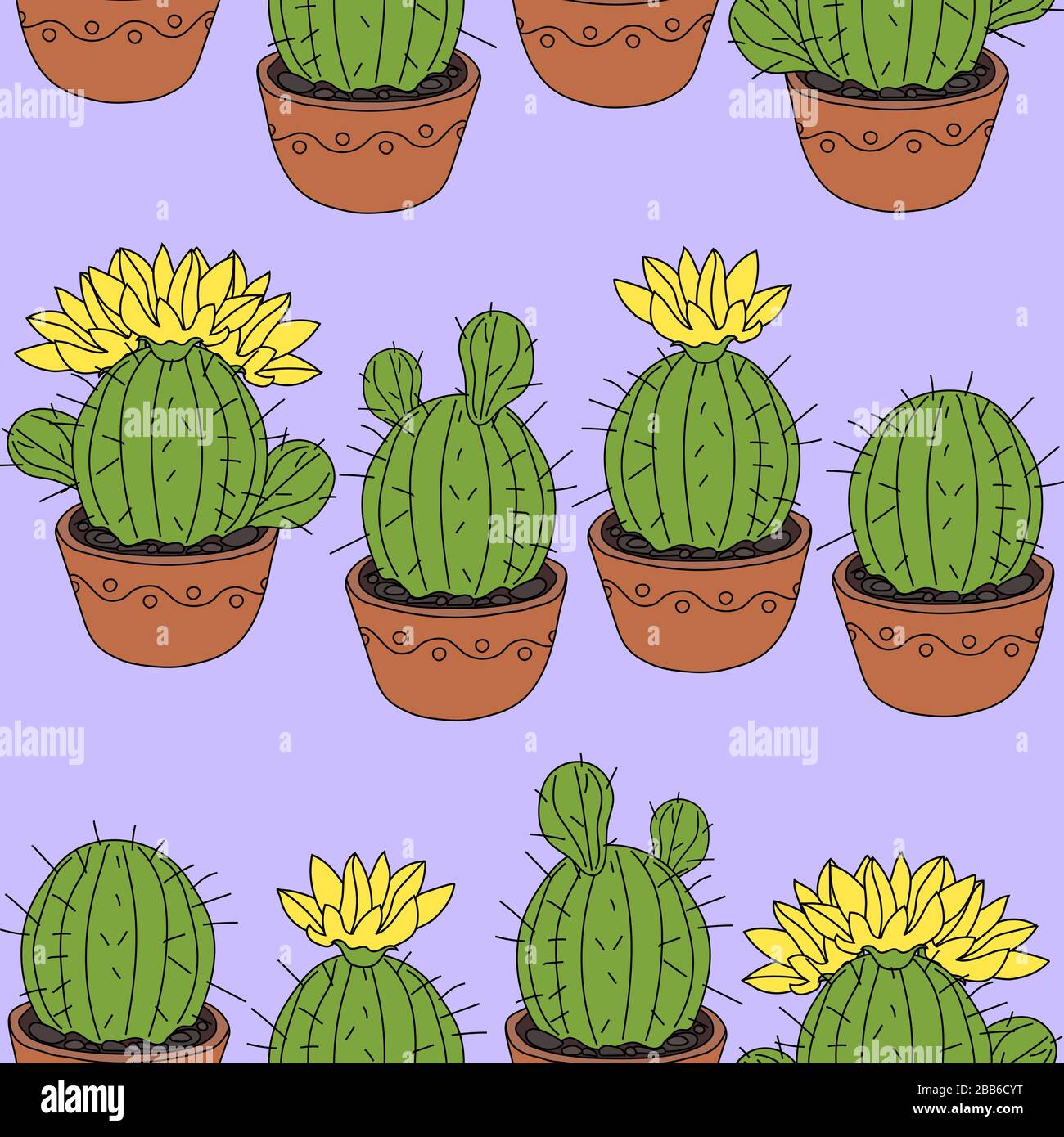 Seamless pattern with cactus and succulents in the pots. Hand drawn ...