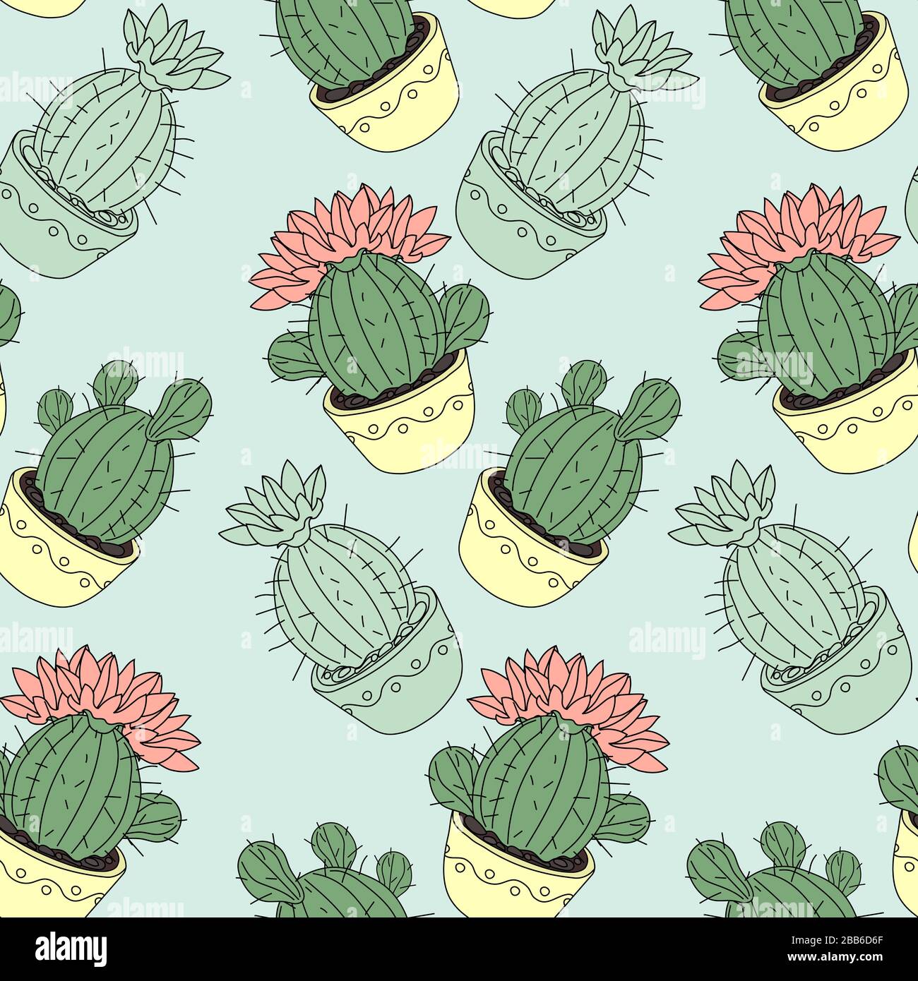 Seamless pattern with cactus and succulents in the pots. Hand drawn ...