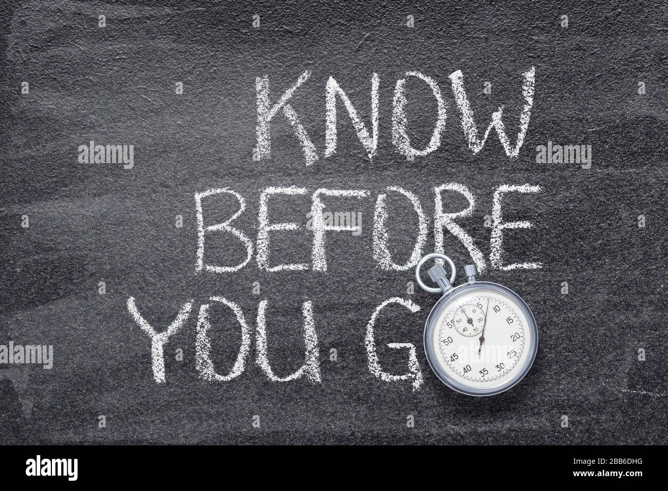 know before you go phrase written on chalkboard with vintage precise stopwatch Stock Photo