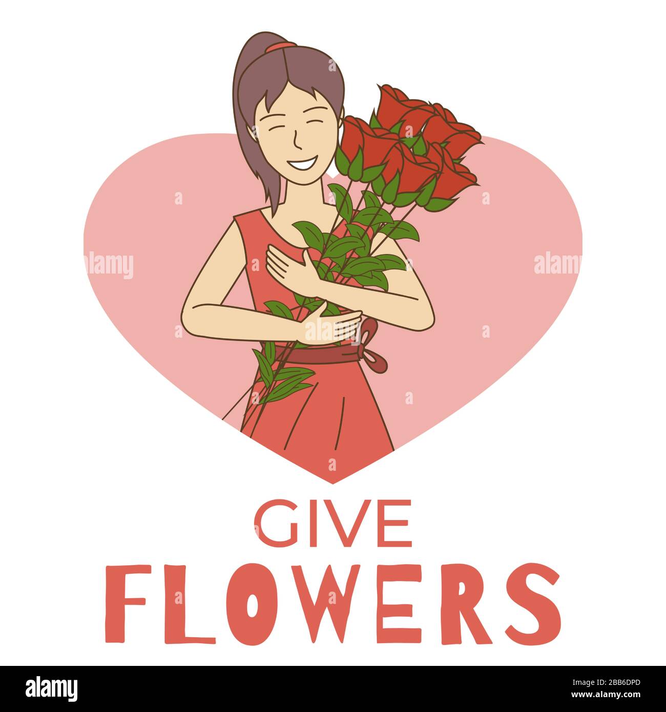 Flower day flyer design template with text space. Young smiling woman holding bouquet of roses in hands vector cartoon outline illustration. Flower shop, sale, women day, gardening poster design. Stock Vector
