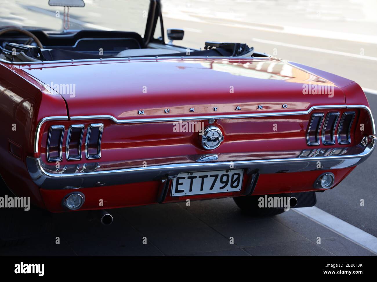 Classic American vintage convertible Ford Mustang car. Rear view Napier ...