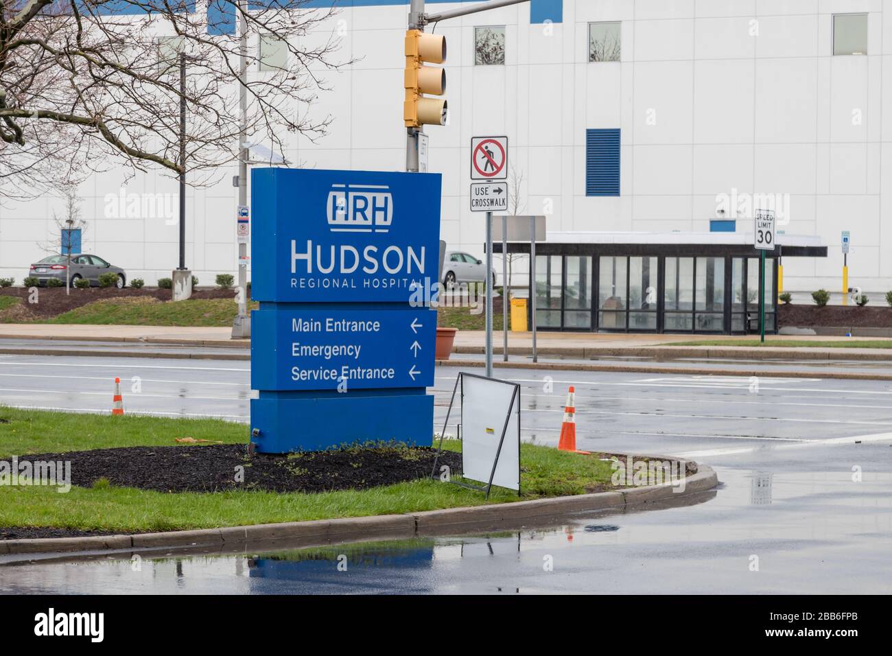 Hudson Regional Hospital in  Secaucus, New Jersey testing site for the Corona Virus Covid-19. Stock Photo