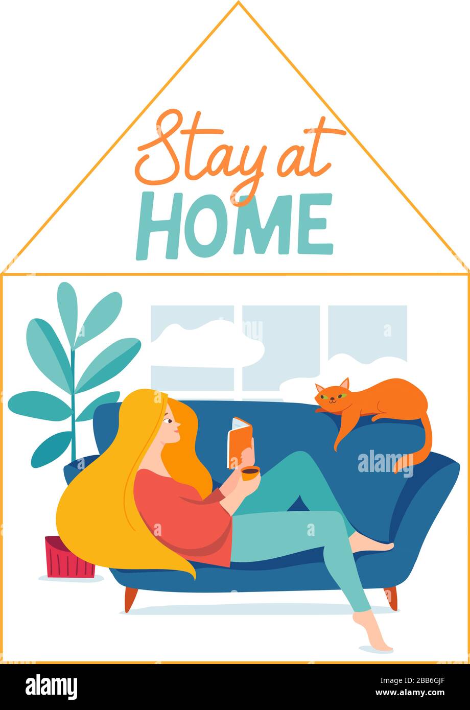 Stay home vector quarantine illustration with woman spend time at home ...