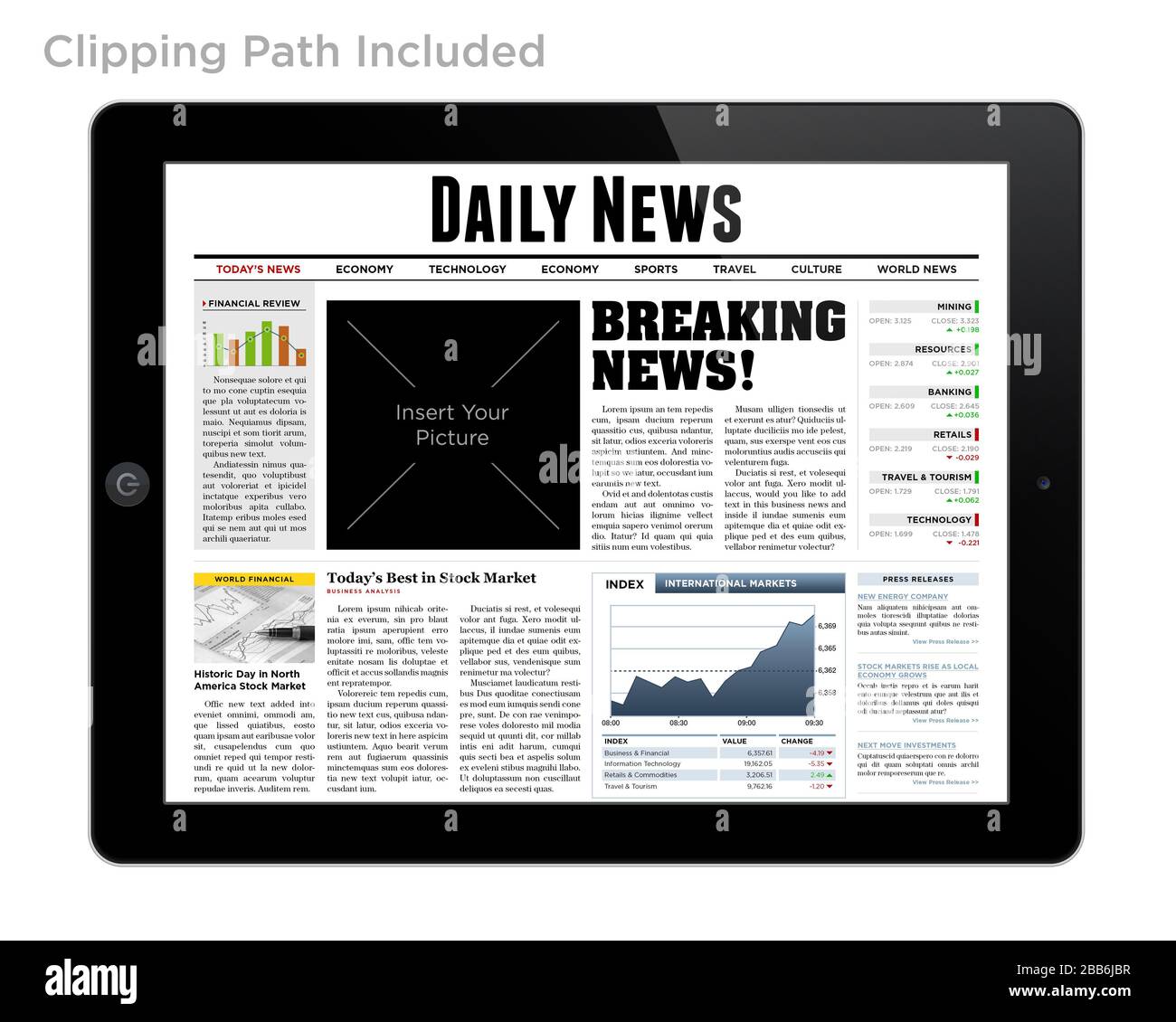 Daily news on tablet isolated with clipping path. Stock Photo