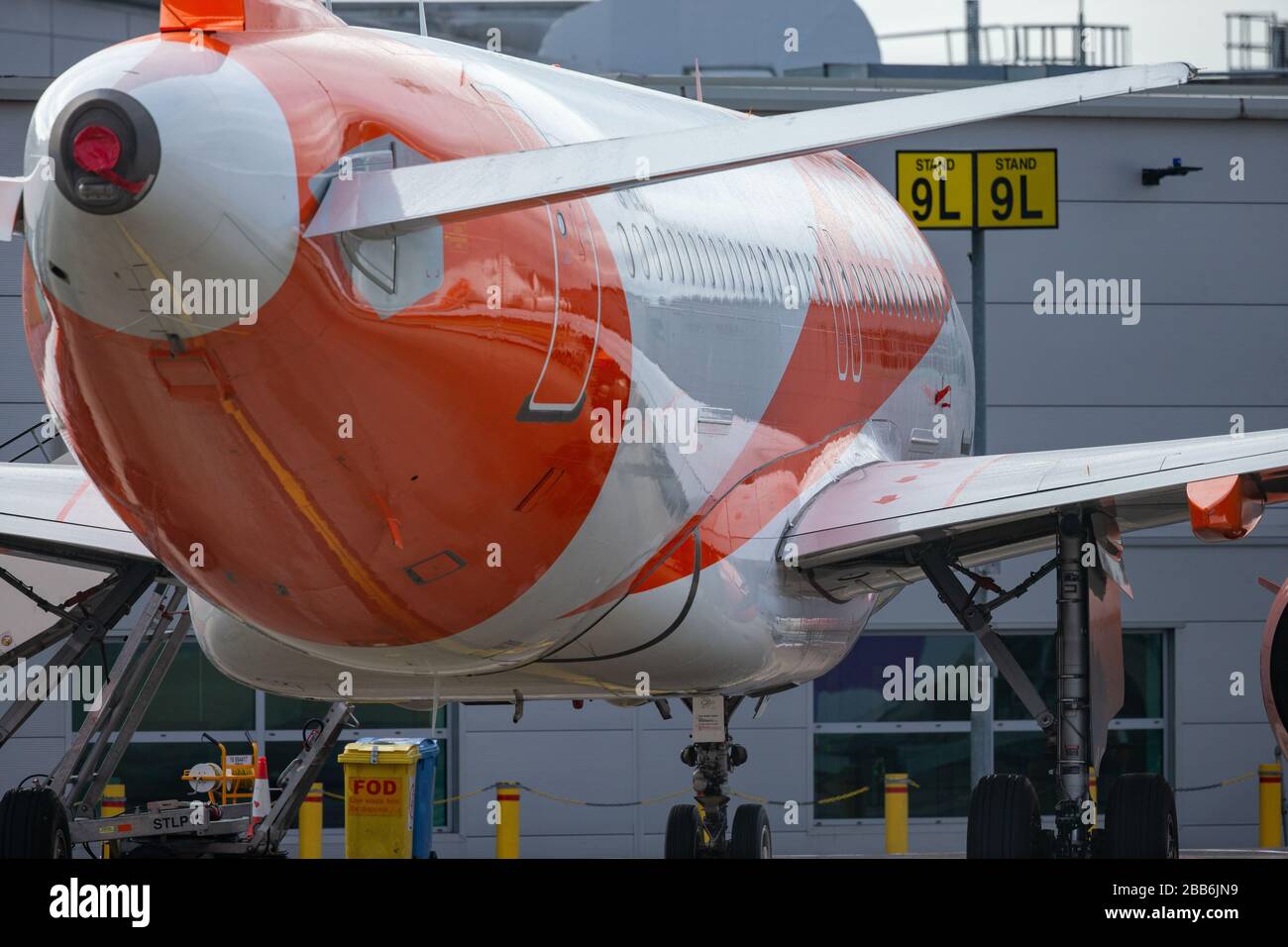 Picture dated March 30th 2020 shows grounded EasyJet planes at Luton Airport on Monday morning after the company grounded the fleet of aircraft due to the Coronavirus outbreak.  Rows of EasyJet planes were seen lined up at Luton Airport today (Mon) after the company grounded its entire fleet of aircraft due to the coronavirus pandemic.  The airline’s 344 planes will now remain grounded and the company has worked with union Unite to agree two-month furlough arrangements for cabin crew, which means they will be paid 80 per cent of their pay. Stock Photo