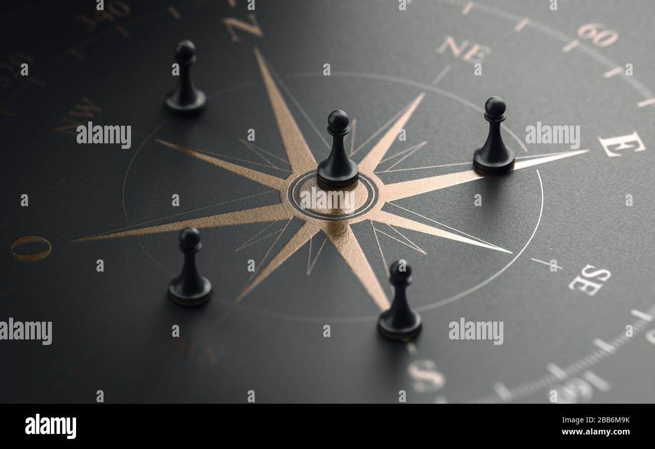 3D illustration of a golden compass rose over black background with five pawns. Business strategy and guidance concept Stock Photo