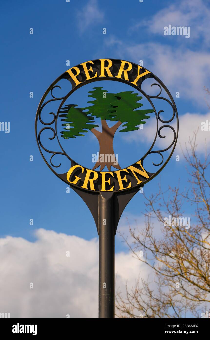Village sign located in the village of Perry Green, Much Hadham. Hertfordshire. UK Stock Photo