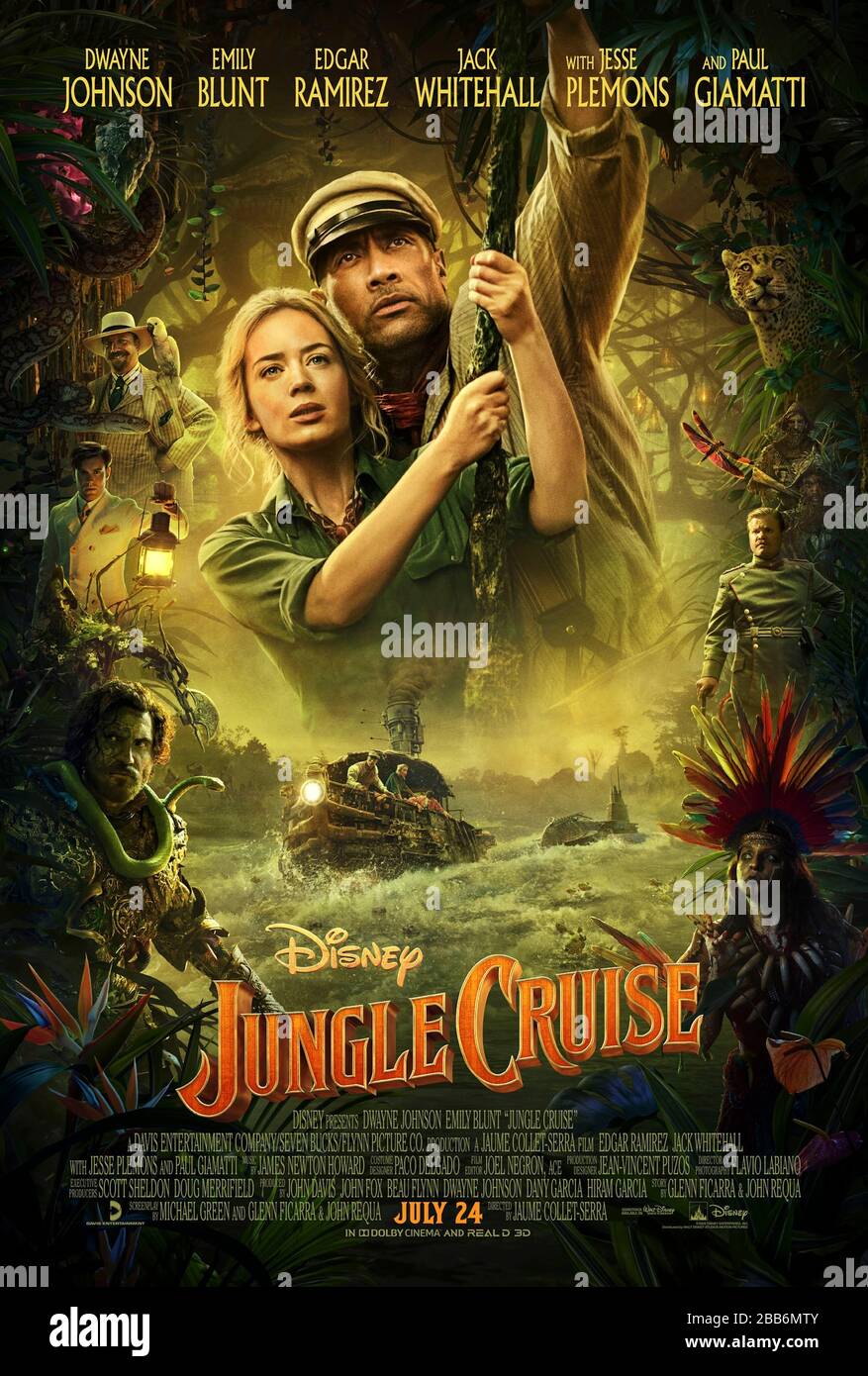 Jungle Cruise (2020) directed by Jaume Collet-Serra and starring Dwayne Johnson, Emily Blunt, Jesse Plemons and Jack Whitehall. Big screen adventure based on Disneyland's theme park ride about passengers on a perilous journey on a riverboat. Stock Photo