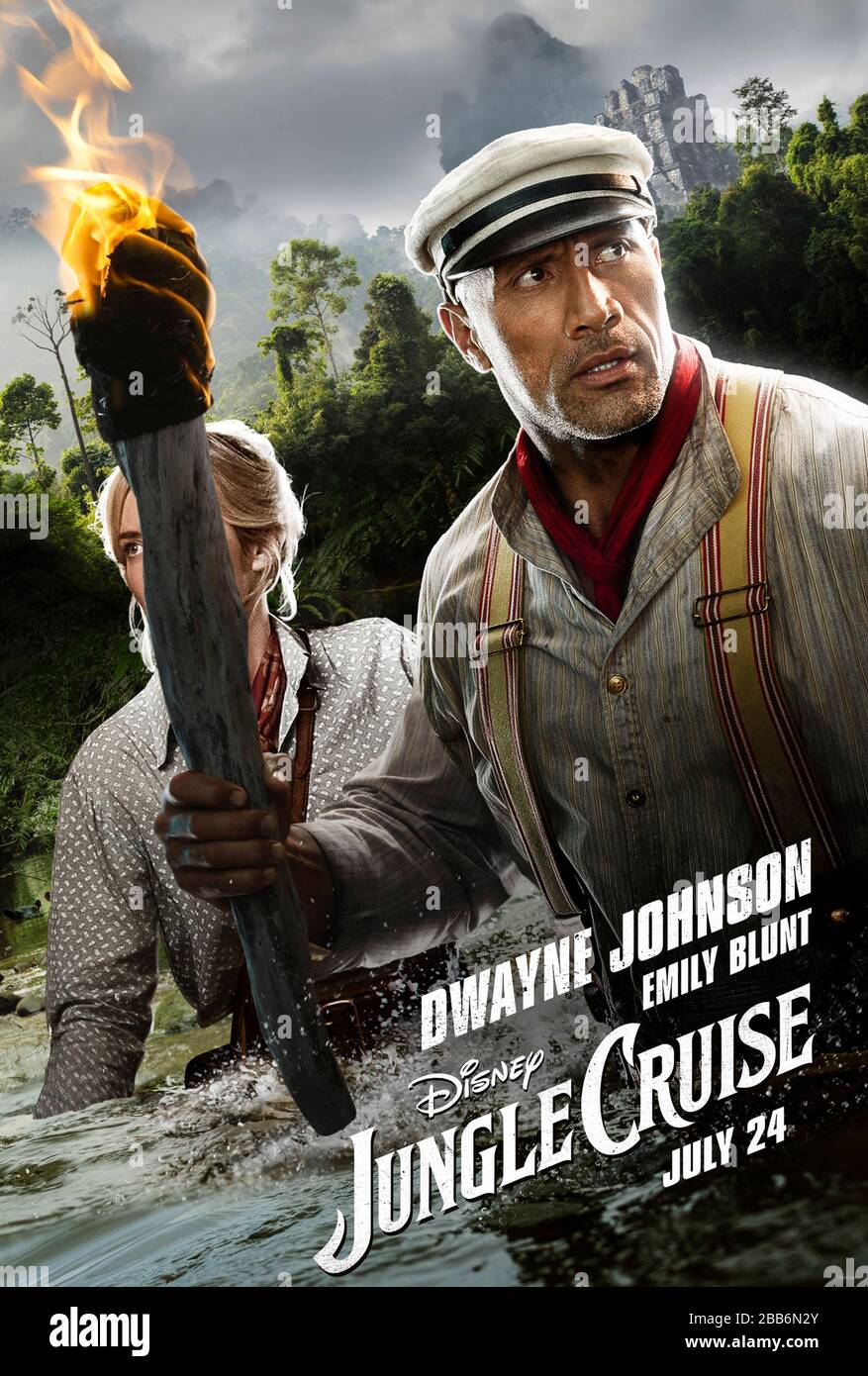 Jungle Cruise (2020) directed by Jaume Collet-Serra and starring Dwayne Johnson as Frank navigating his riverboat explorer through the Amazon rainforest in this big screen adventure based on Disneyland's theme park ride. Stock Photo