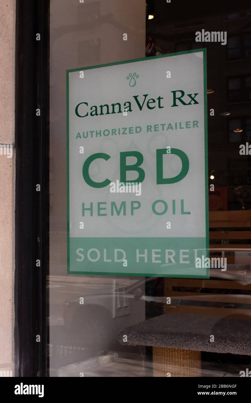 a sign in the window of a pet shop advertises cbd hemp oil products for pets or animals Stock Photo