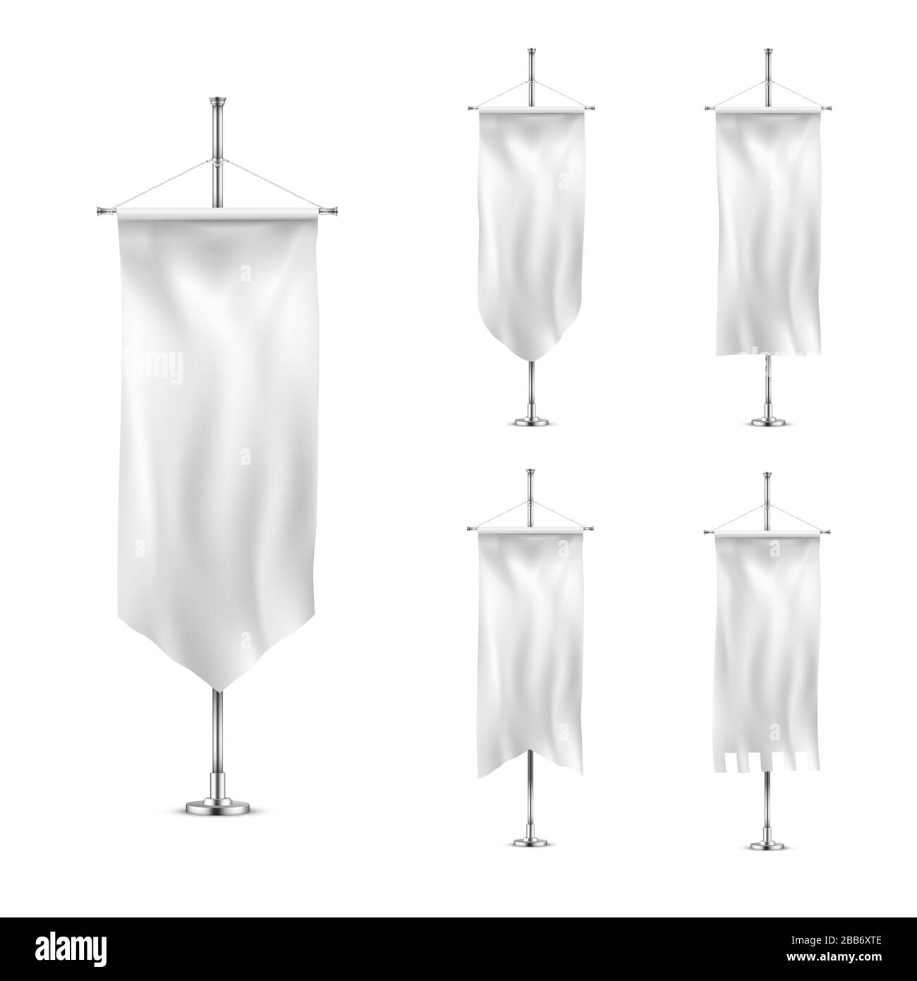 Vertical banners hanging on a metal flagpole white flags template. Stock Vector