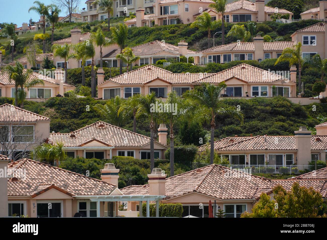 Row after row of single story pink-roofed homes built on a hillside in a retirement community in southern California. Palm trees dot the real estate. Stock Photo