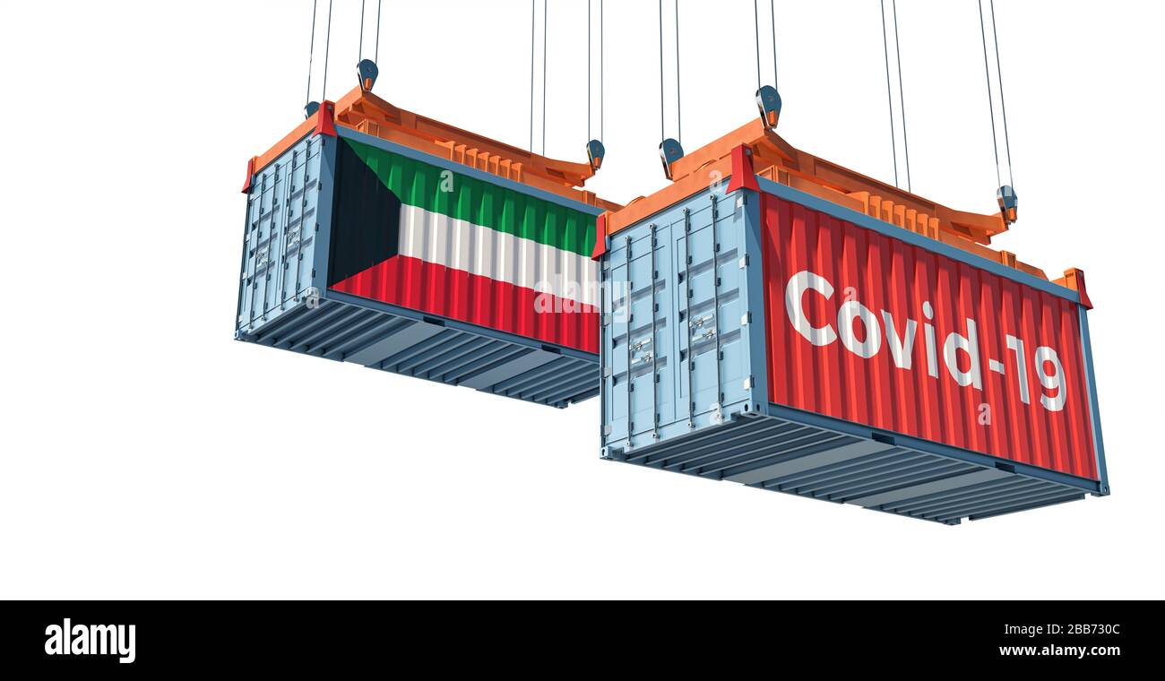 Container with Coronavirus Covid-19 text on the side and container with Kuwait Flag. Concept of international trade and travel spreading the Corona vi Stock Photo