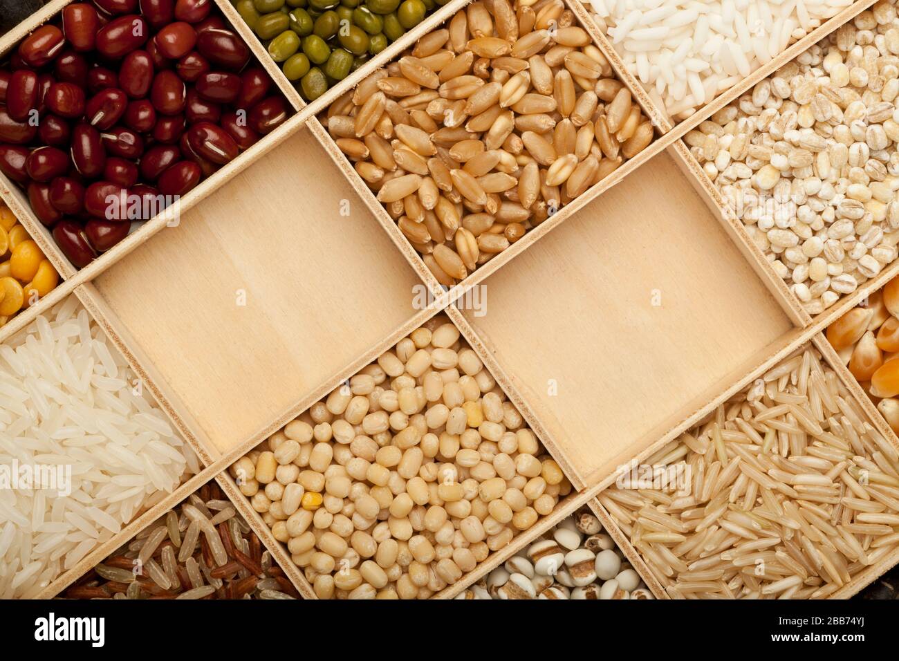 Different types of grains and beans with copy space Stock Photo