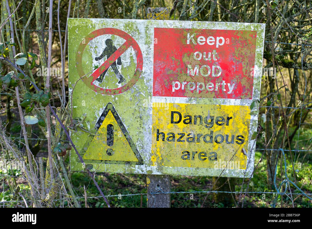Weathered Ministry of Defence Keep out MOD Property Danger Hazardous Area Sign Stock Photo