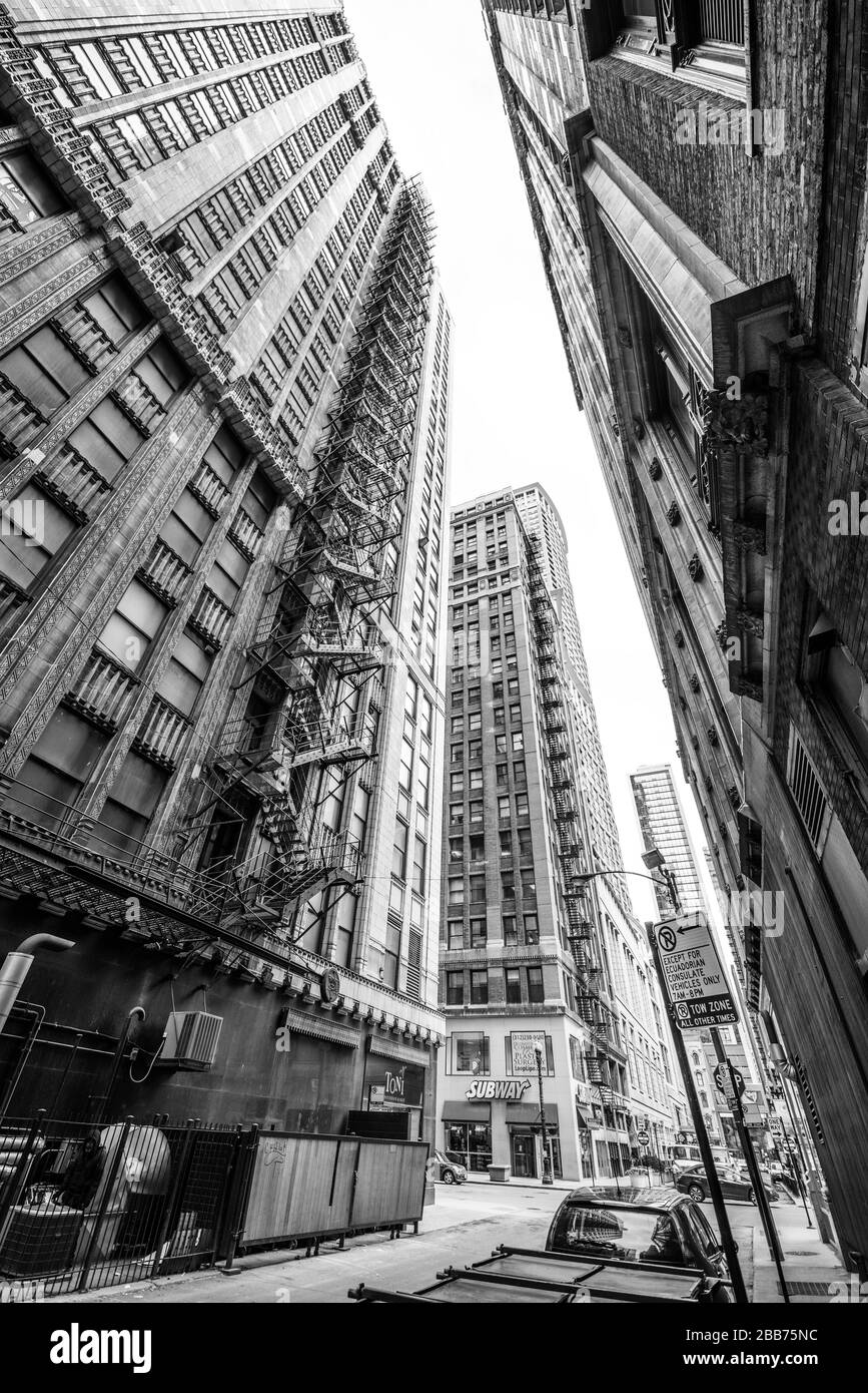 Chicago March 2017, USA View through narrow street between