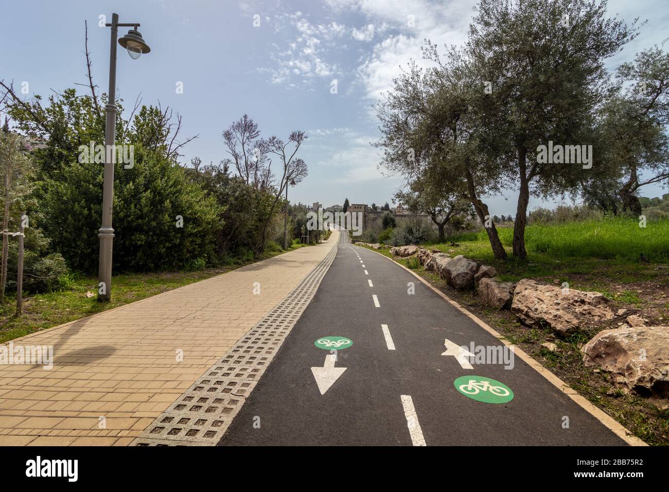 Empty bike and pedestrian paths, inside a location that is usually crowded,the Corona Crisis 30-03-2020 Sacher Park, Jerusalem, Israel. Stock Photo