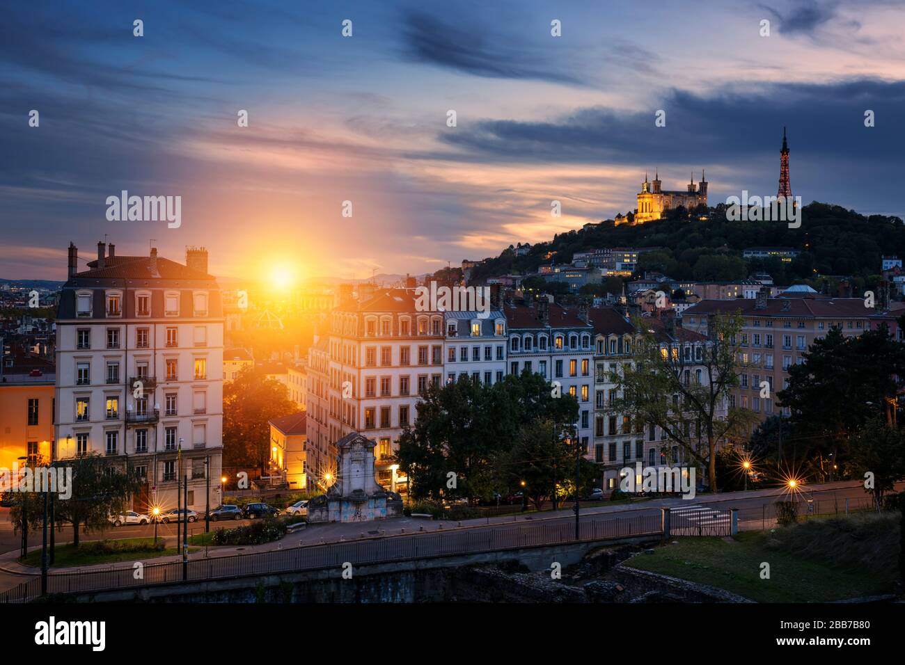 View of Lyon at sunset, France, Europe Stock Photo