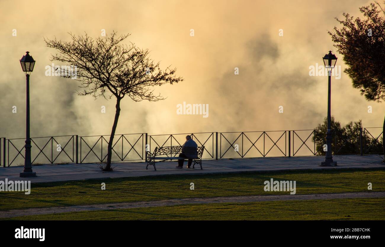 Lonely and thoughtful man sitting on a bench on the promenade with trees and street lamps on a sunset with a special light from the smoke that surroun Stock Photo