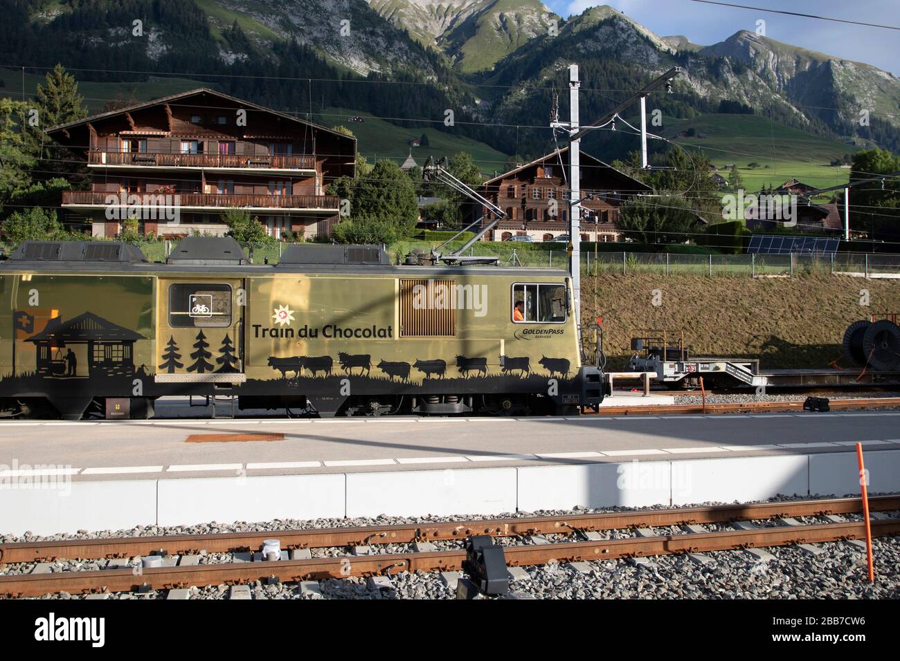 Chocolate Train Bulle, Gruyère in the canton of Fribourg, Switzerland, Europe, 08/09/2019, Chocolate Train Bulle, Train Du Chocolat ( Golden Pass serv Stock Photo
