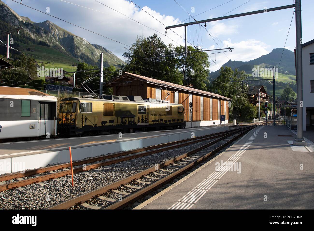 Chocolate Train Bulle, Gruyère in the canton of Fribourg, Switzerland, Europe, 08/09/2019, Chocolate Train Bulle, Train Du Chocolat ( Golden Pass serv Stock Photo